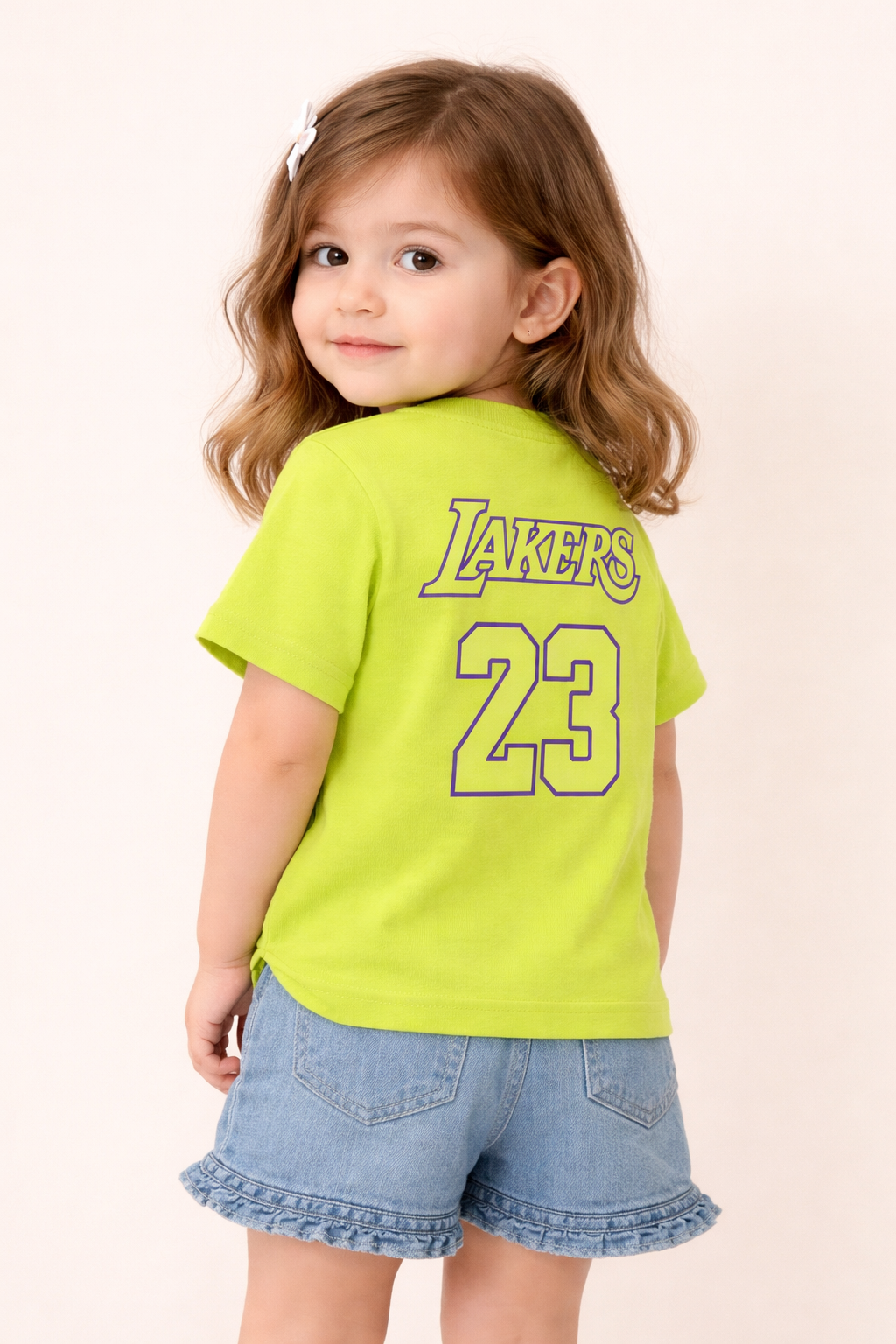 Kids Neon Lime Lakers 23 Down-Shoulder Printed T-Shirt – Premium Cotton Sports Style (Unisex) - Image 2