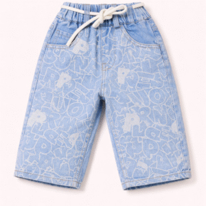 Unisex Baggy Denim Jeans – Light Blue Graffiti Print Elastic Waist Jeans for Kids