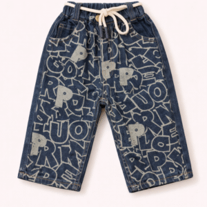 Unisex Baggy Denim Jeans – Dark Blue Graffiti Print Elastic Waist Kids Jeans