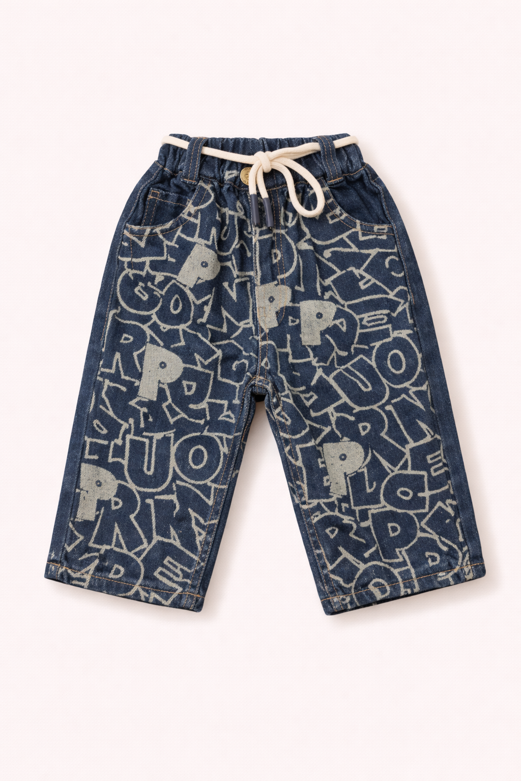 Unisex Baggy Denim Jeans – Dark Blue Graffiti Print Elastic Waist Kids Jeans